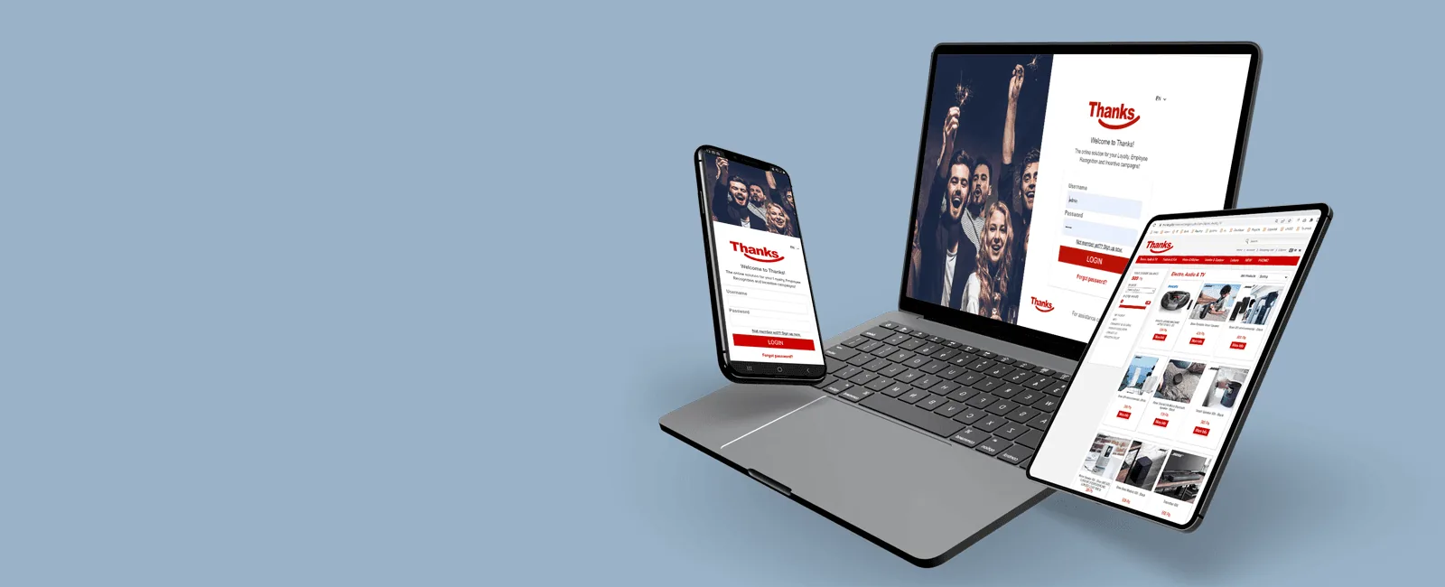 Het Thanks-platform op laptop, tablet en smartphone