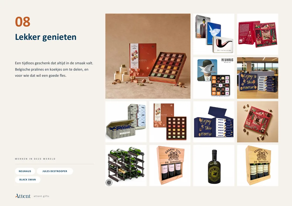 Bladzijde Lekker genieten uit de inspiratiegids, met pralines, koekjes en wijn