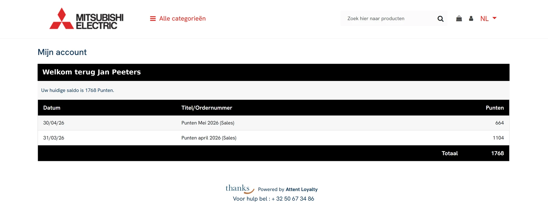 Het accountscherm van een deelnemer: het huidige puntensaldo en een historiek van de toegekende punten per maand.